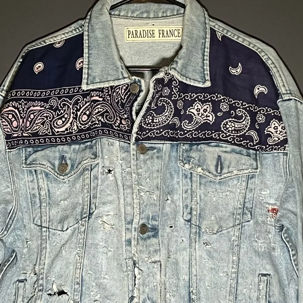 Vintage Paradise France Handmade Distressed Denim Jacket With Vintage Bandana Pa - Picture 3 of 9